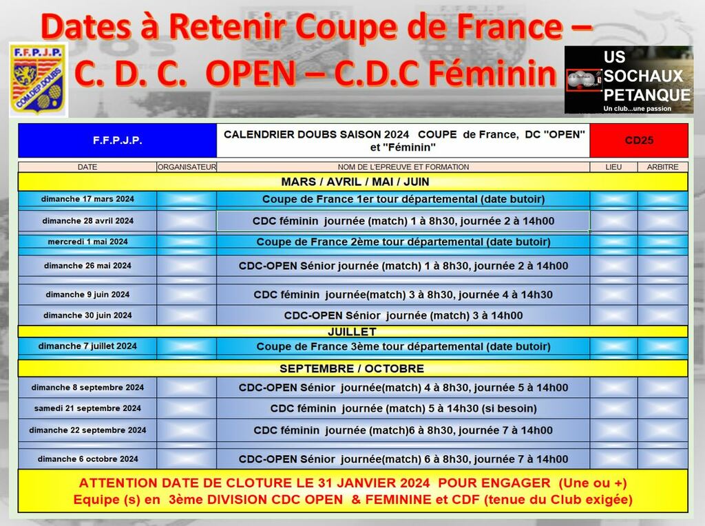 Calendrier 2024 cdfFrance, cdc open et Féminin - US Sochaux pétanque